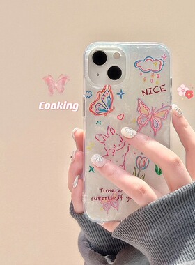 日韩ins蝴蝶花朵兔子适用oppofindx6pro手机壳reno7se新款9pro+贝壳纹r15女a93/a55s卡通可爱苹果14全包防摔