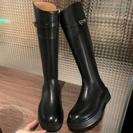 【金金宠粉】"凯莉扣骑士靴"圆头拼色厚底锁扣高筒长靴-F690JJ