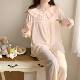 交织棉睡衣女士柔软透气开衫 开扣套装 花瓣袖 长袖 口蕾丝圆领纯色款