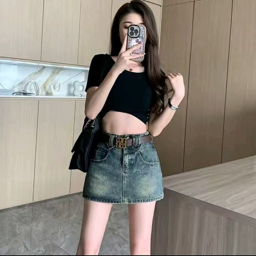 复古牛仔半身裙女夏季美式甜妹高腰小个子a字短裙显瘦辣妹包臀裙