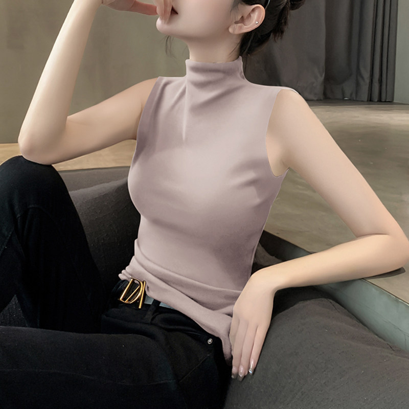 皮粉色半高领背心女夏季新款别致打底内搭复古洋气无袖上衣
