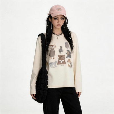 【行云流水】复古手绘小动物印花短款长袖T恤女美式可爱圆领宽松