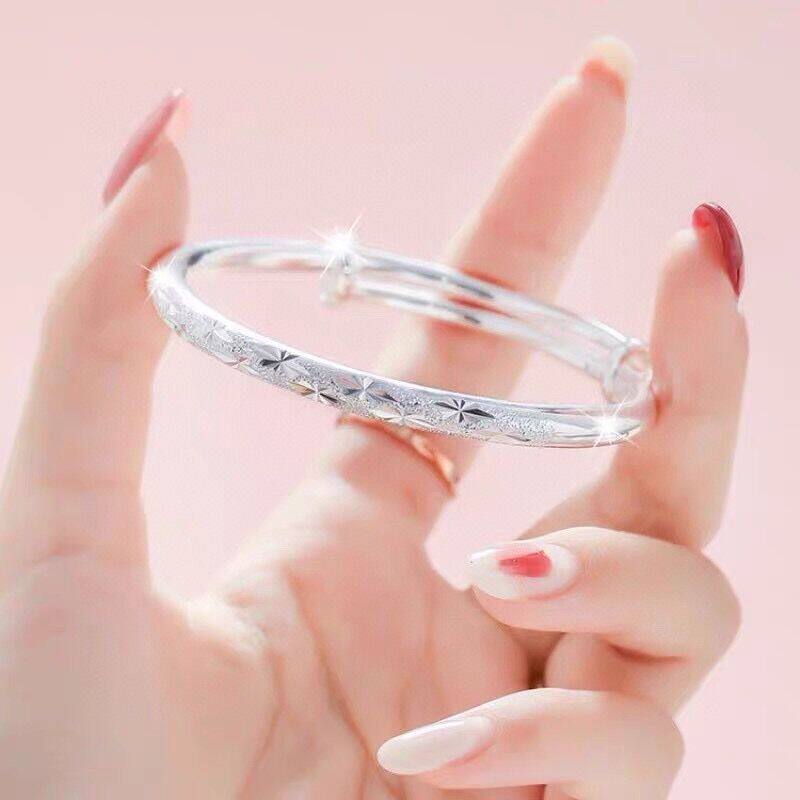 福凤茗满天星银手镯女纯银刻字年轻款学生9999足银镯子送女友礼物