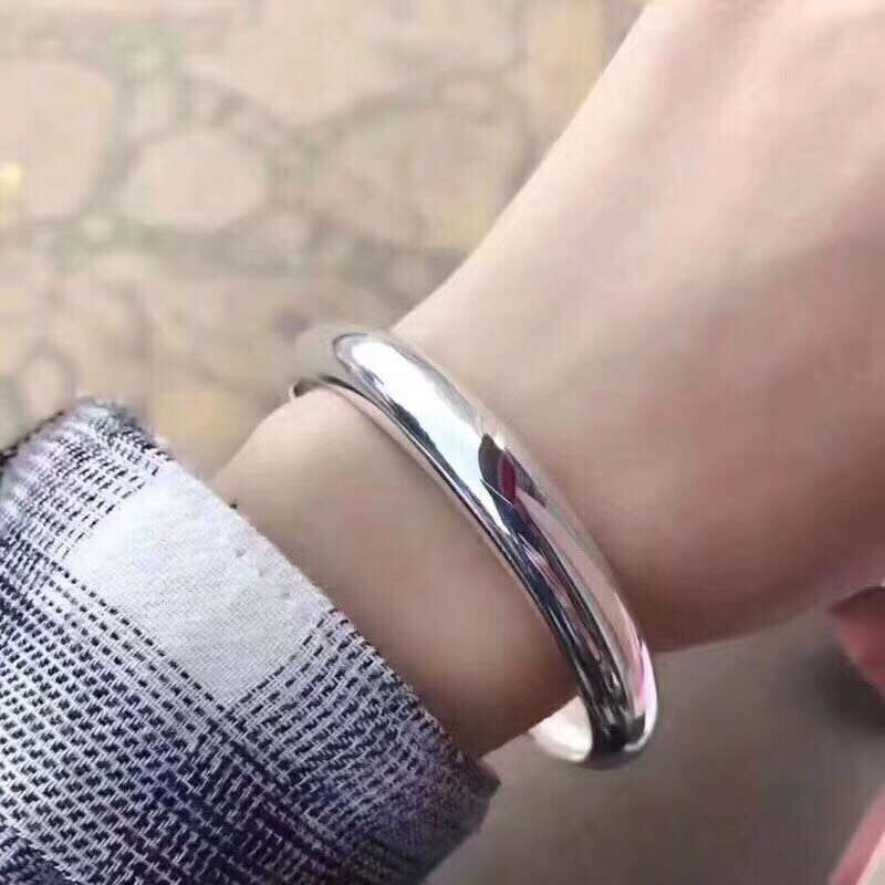 福凤茗开口光面贵妃纯银手镯女9999足银宽版抖音小众送女朋友礼物