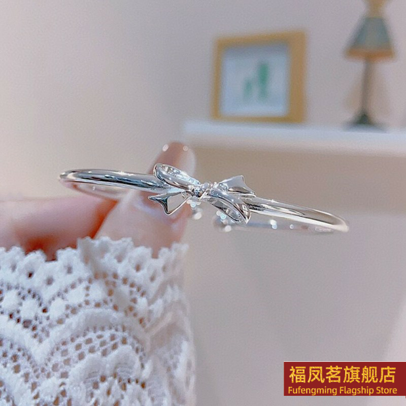 正生蝴蝶结开口纯银手镯足银9999小众实心新款学生手环送女友闺蜜