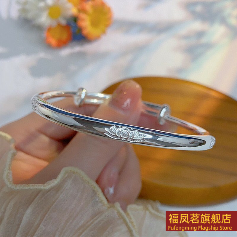 民族风女银饰正生光面莲花9手镯