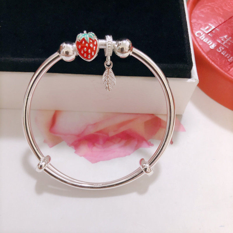 福凤茗银纯银草莓树叶中童手镯足银999女学生可爱首饰气质银镯子