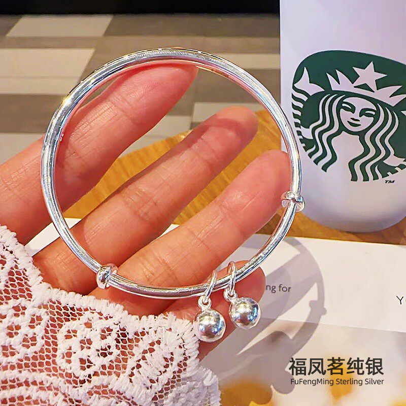 福凤茗纯银手镯女素圈实心银镯子铃铛手环足银手饰送女生节日礼物