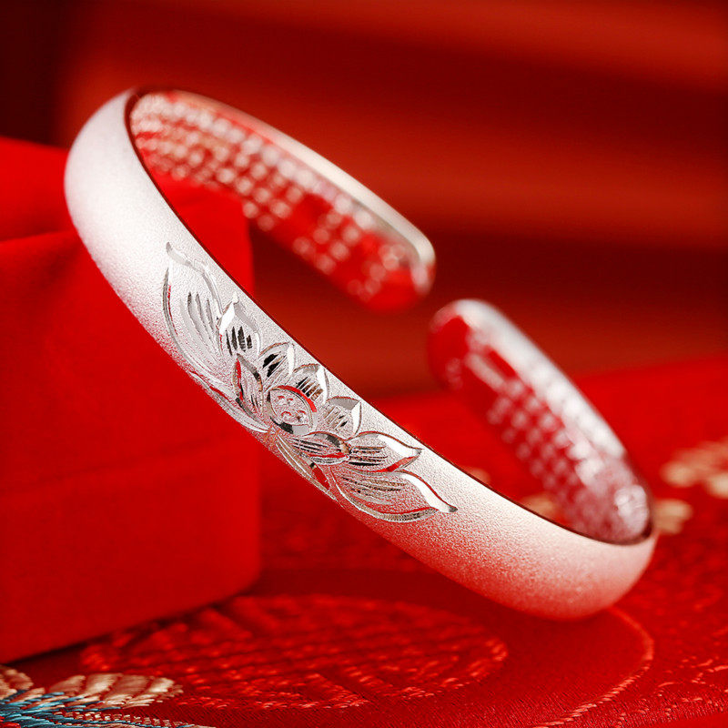福凤茗s999纯银手镯凤凰莲花开口实心足银镯女送妈妈婆婆生日礼物
