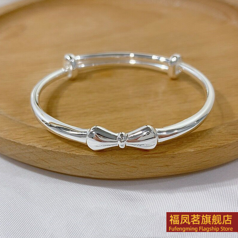 正生新款蝴蝶结纯银实心手镯足银9999女宝宝小孩中童学生大人款