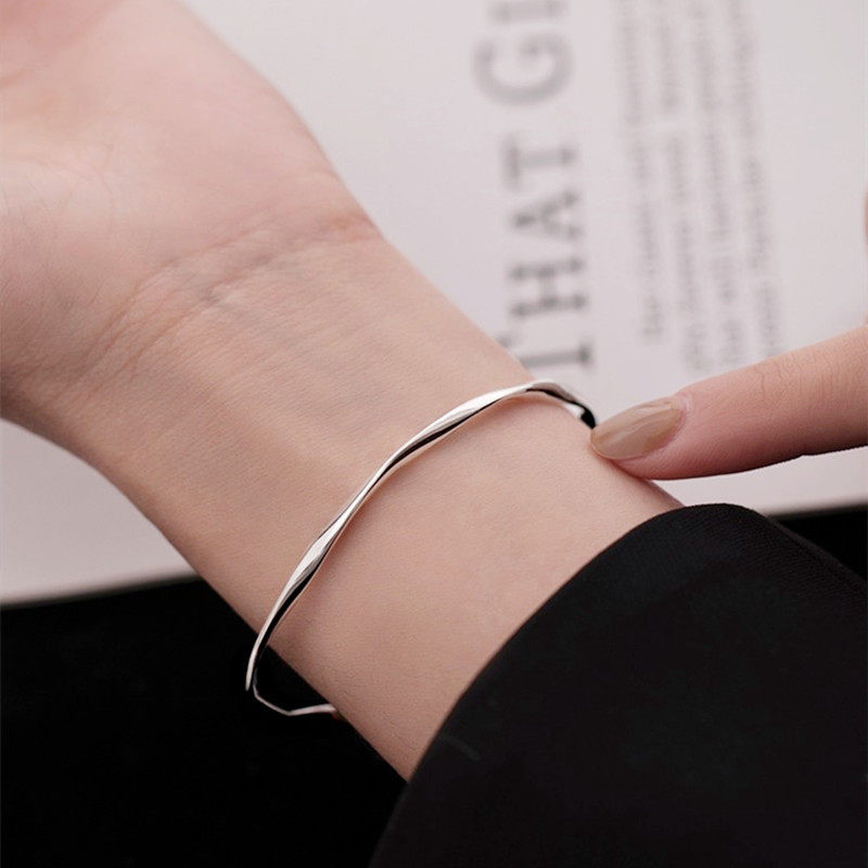 福凤茗9999纯银手镯赠证书女波浪光面实心足银刻字日韩开口银镯子