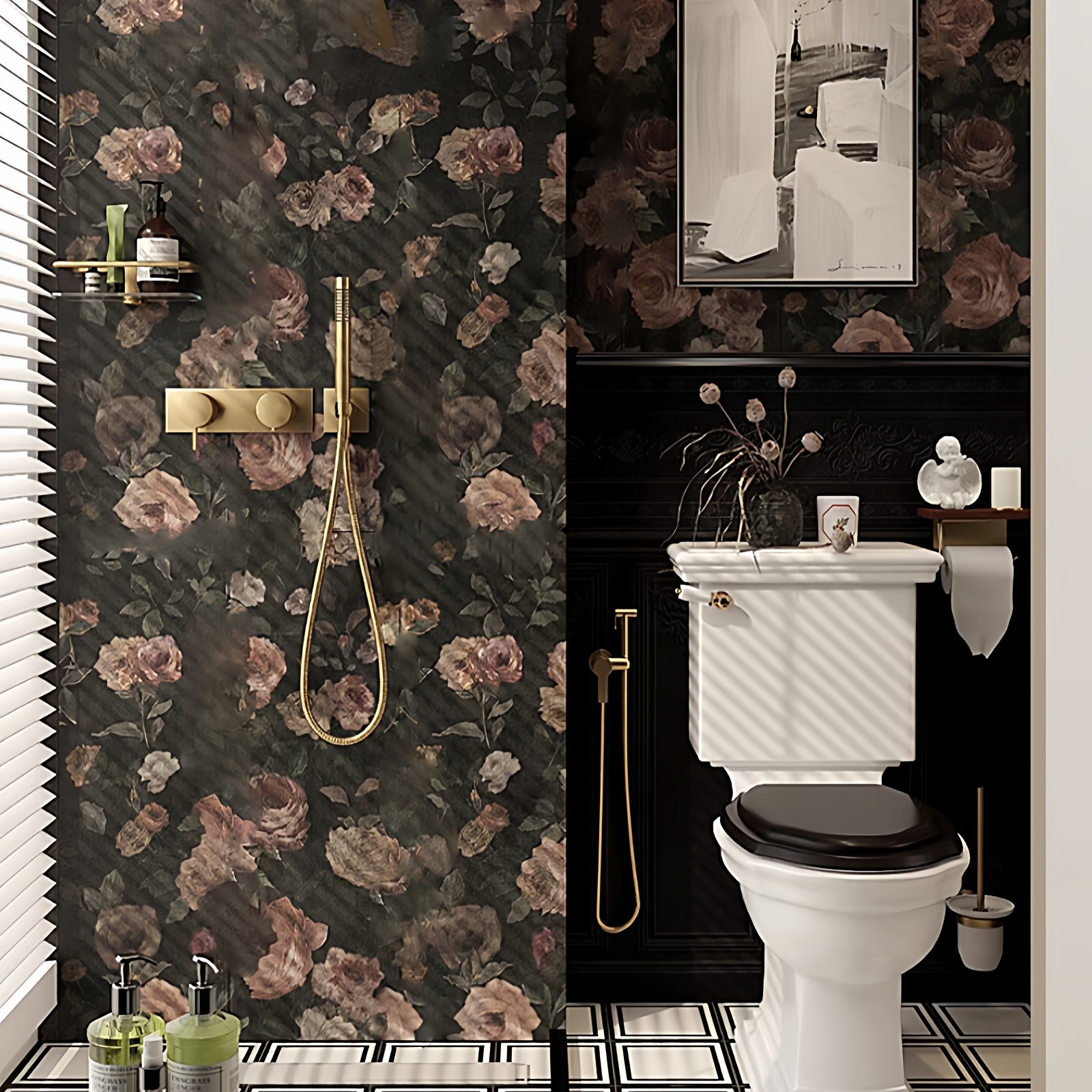 美式复古油画玫瑰自粘防水贴纸浴室瓷砖壁纸卫生间厨房墙砖装饰贴