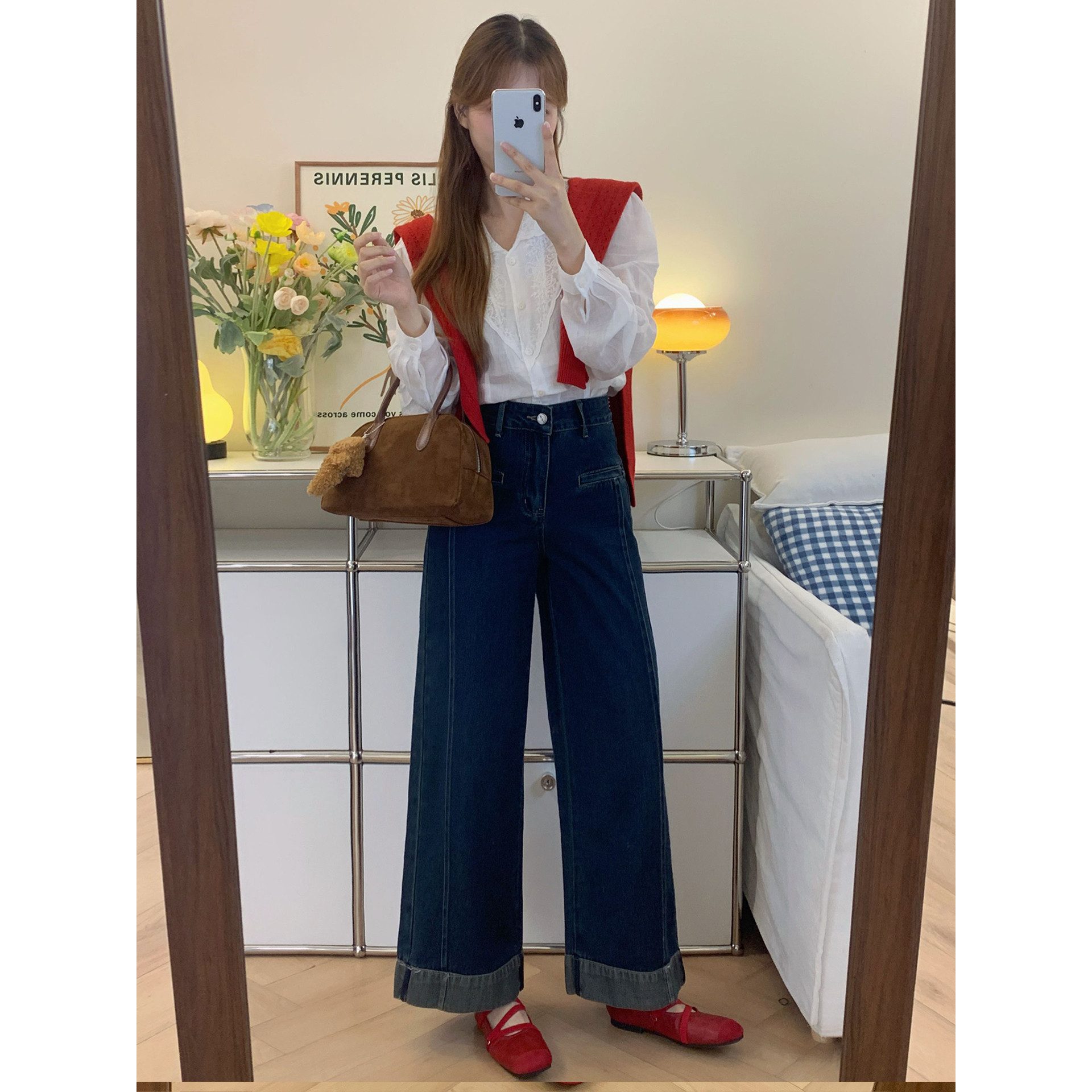 深蓝色卷边工装窄版直筒牛仔裤阔腿宽松女士法棍梧桐裤子秋季新款