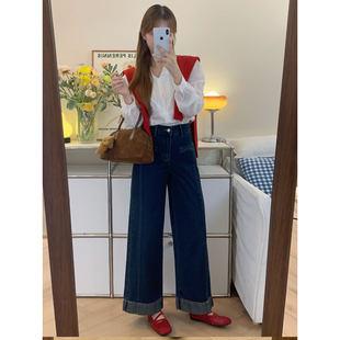 深蓝色卷边工装窄版直筒牛仔裤阔腿宽松女士法棍梧桐裤子秋季新款