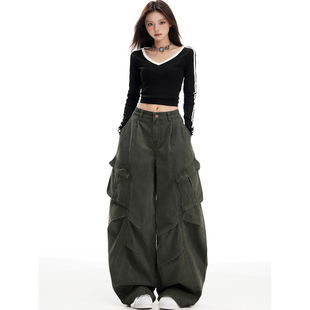 宽松垂感直筒阔腿休闲弯刀裤 军绿色多口袋工装 新款 女夏季 子 牛仔裤