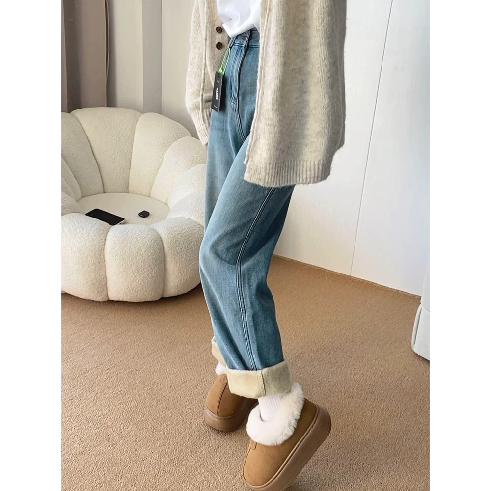 加绒加厚深蓝色直筒牛仔裤女2025冬季新款小个子高腰显瘦窄版裤子