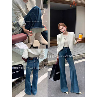 复古蓝加绒微喇牛仔裤女冬季高腰宽松不贴腿弹力显瘦喇叭拖地长裤