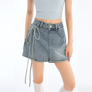 裙女韩版 假两件牛仔裤 高腰绑带A字辣妹小个子短裙 新款 2025年夏季