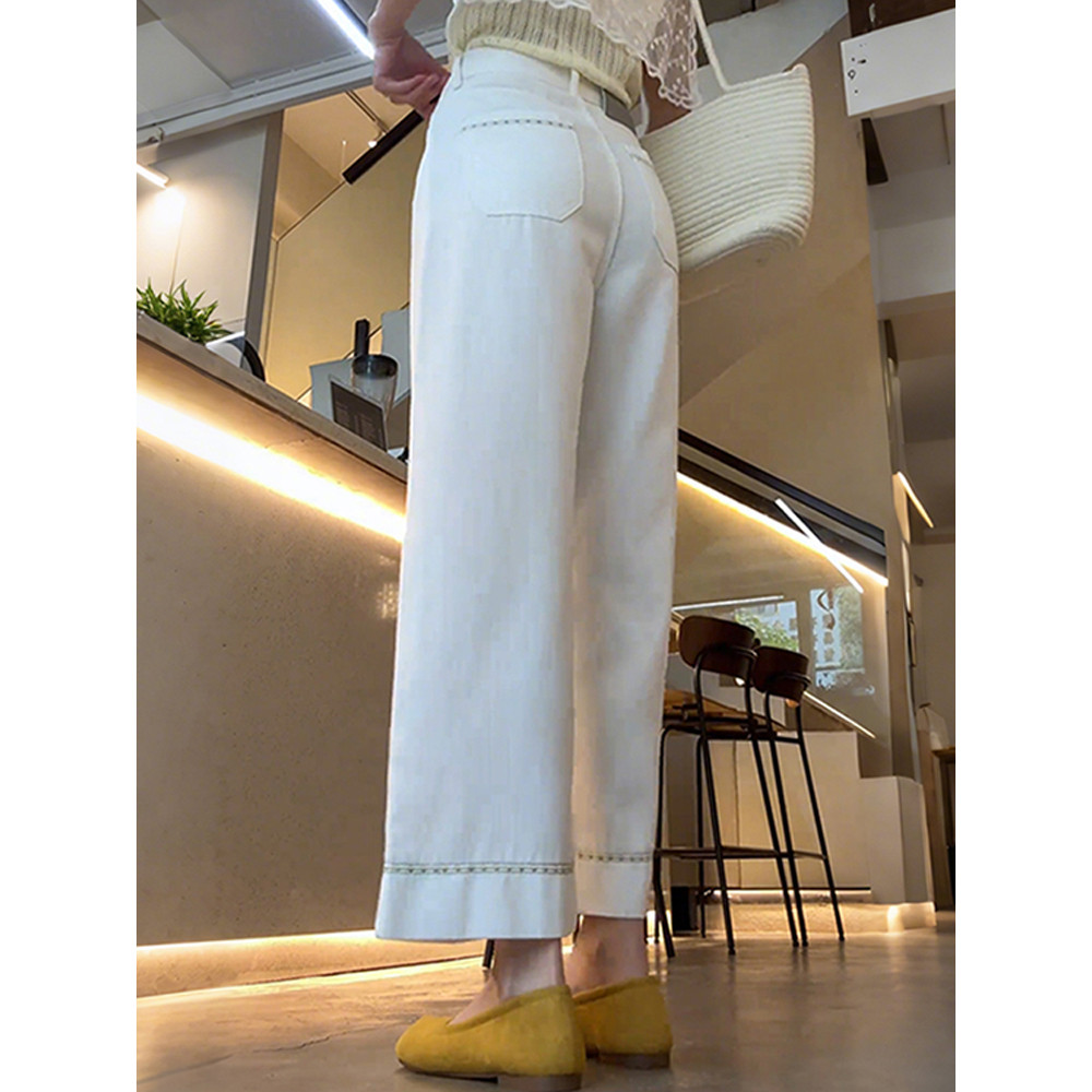 白色刺绣九分牛仔裤女夏季薄款小个子大码胖mm高腰显瘦直筒阔腿裤