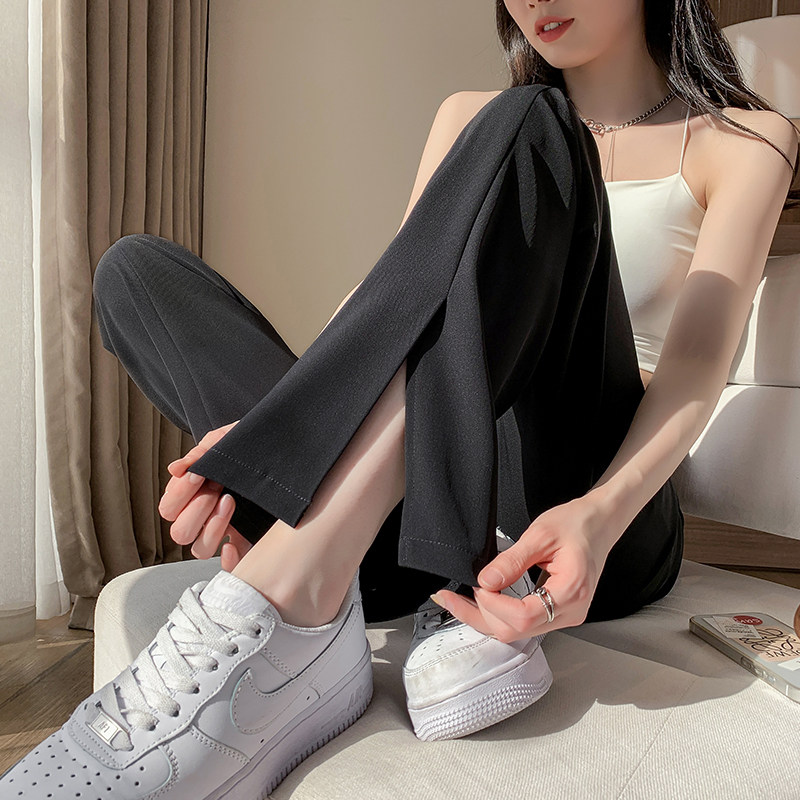 黑色开叉微喇西装裤女2025年春夏新款高腰显瘦窄版直筒喇叭阔腿裤