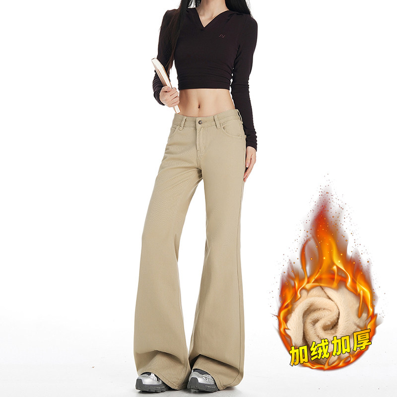 冬季新款加绒加厚牛仔长裤女低腰美式宽松保暖不贴腿阔腿喇叭裤子