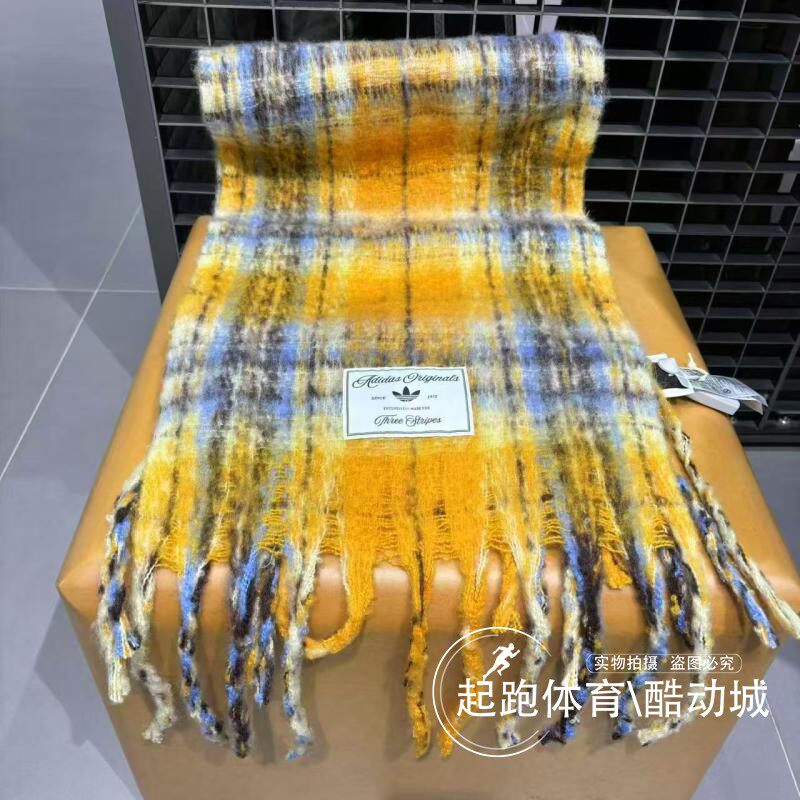 阿迪达斯三叶草男子2025冬季新款撞色格纹绒面流苏保暖围巾KV6601