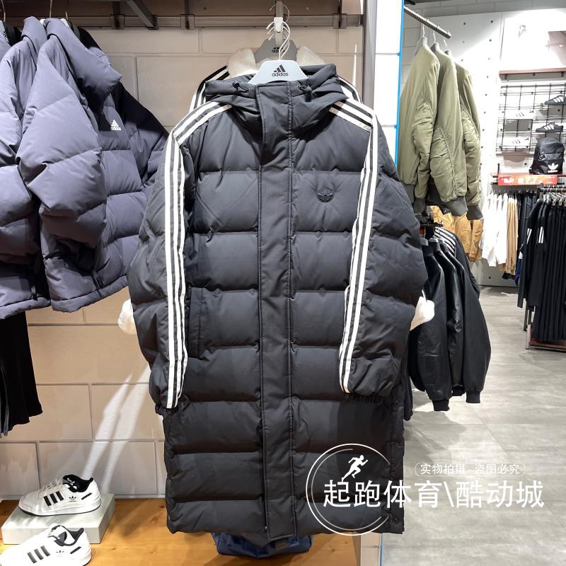 阿迪达斯保暖连帽长款男羽绒服