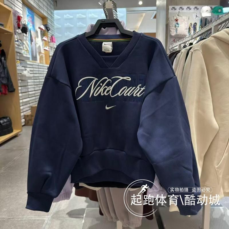 耐克女加绒保暖宽松V领卫衣