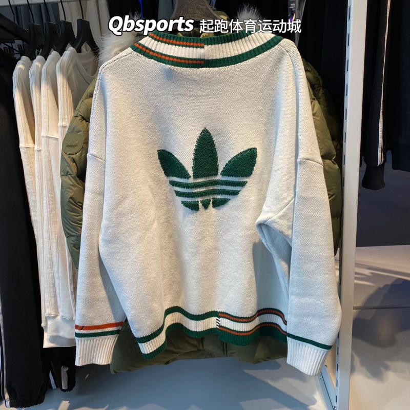 阿迪达斯女V领针织休闲毛衣