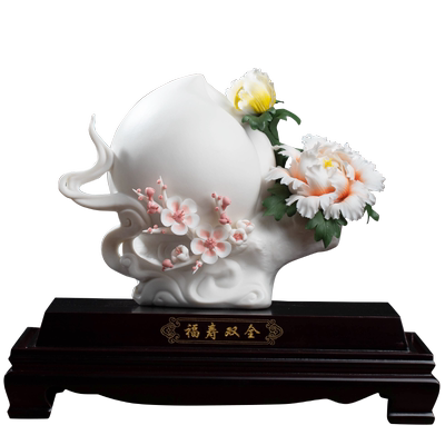 手工陶瓷花寿桃摆件可定制祝福语