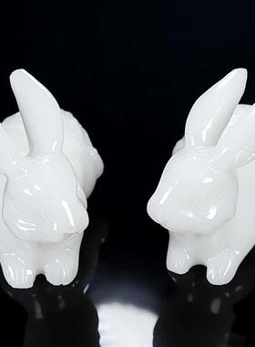 天然玉石玉兔摆件一对白玉吉祥物办公室玄关客厅电视柜福兔摆设