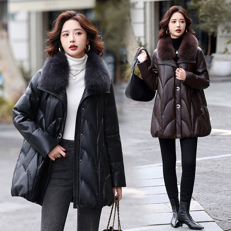 海宁真皮皮衣女羽绒服冬装新款中长款绵羊皮狐狸毛领皮草外套大码