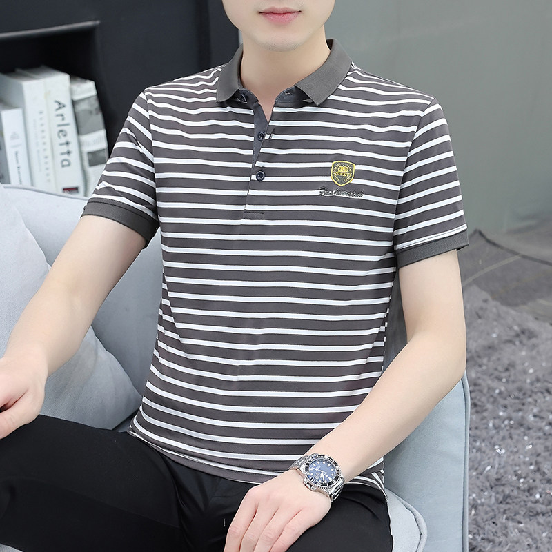 翻领POLO衫男士短袖t恤休闲百搭纯棉条纹上衣中青年成熟商务体恤