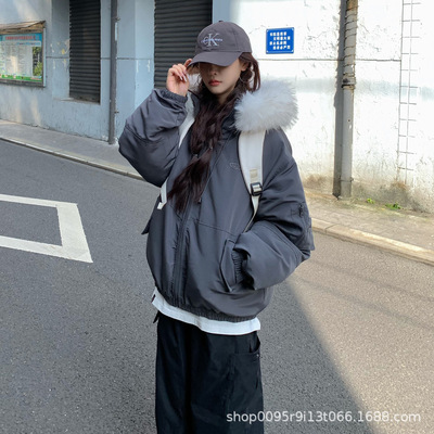 情侣大毛领派克羽绒棉服女2025新款冬季保暖加厚工装短款棉衣外套