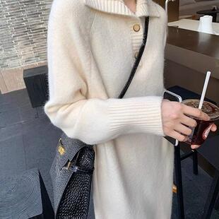 法式翻领针织打底连衣裙女秋冬新款配大衣宽松长款过膝加厚毛衣裙