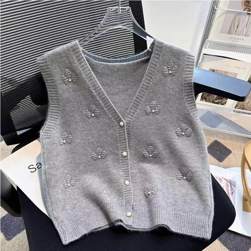 学院风灰色圆领针织马甲女春秋穿搭叠穿袖麻花毛衣背心外搭坎肩