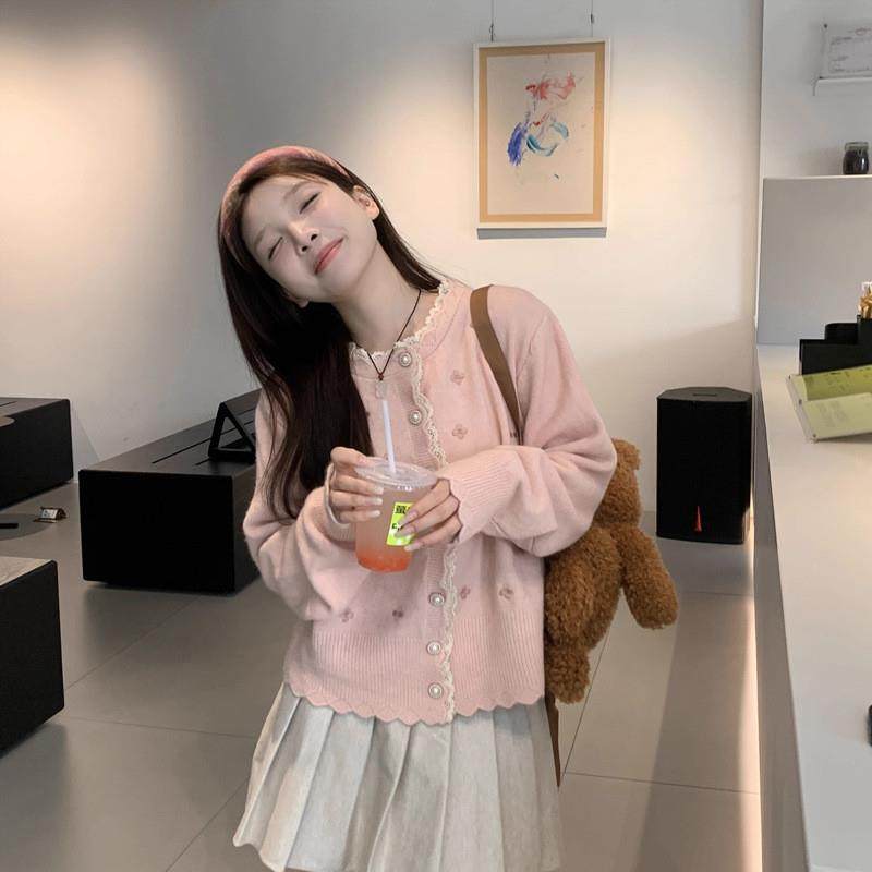 粉色蕾丝拼接针织开衫女2025春秋新款宽松设计感短毛衣外套上衣潮