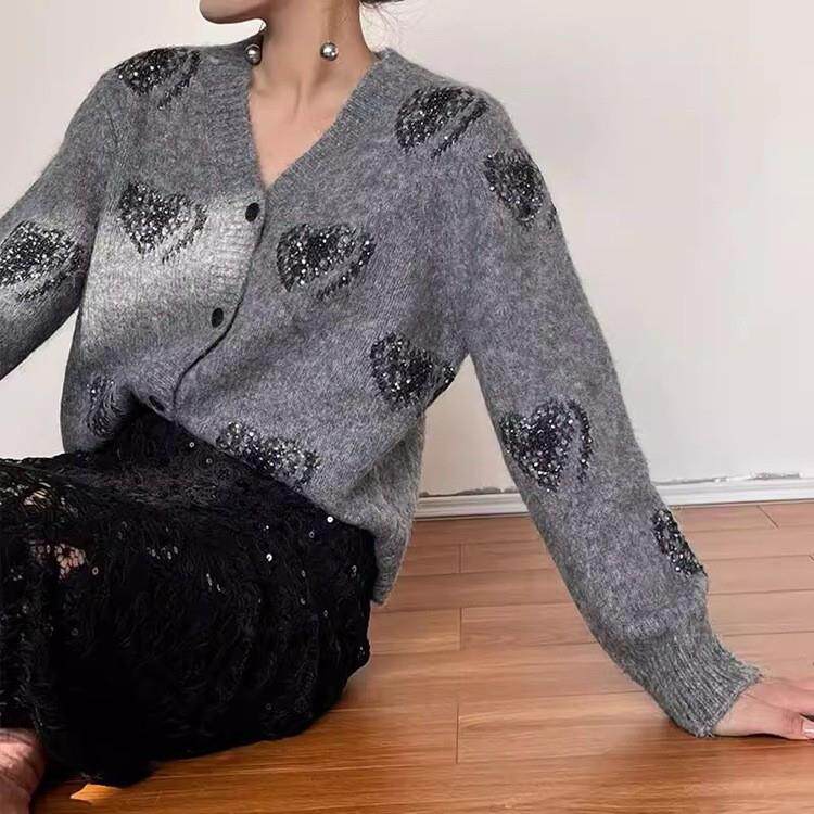 韩式V领重工亮片针织开衫毛衣2025秋冬新款慵懒风中长款上衣外套