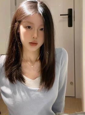 假两件蓝色v领长袖针织衫女秋冬春季薄款内搭打底衫毛衣针织上衣