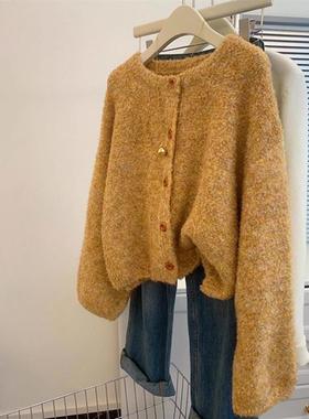 日系甜美黄色毛衣女圆领针织开衫外套女秋季2025新款宽松减龄上衣