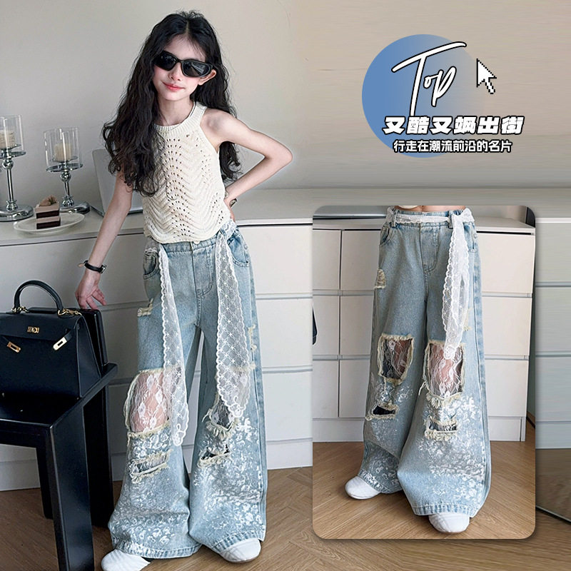 女童2025蕾丝拼接破洞牛仔裤夏季宽松阔腿裤高腰直筒裤子拖地长裤,童装/婴儿装/亲子装,儿童牛仔裤,淘宝优惠券,粉丝福利购,淘宝优惠卷