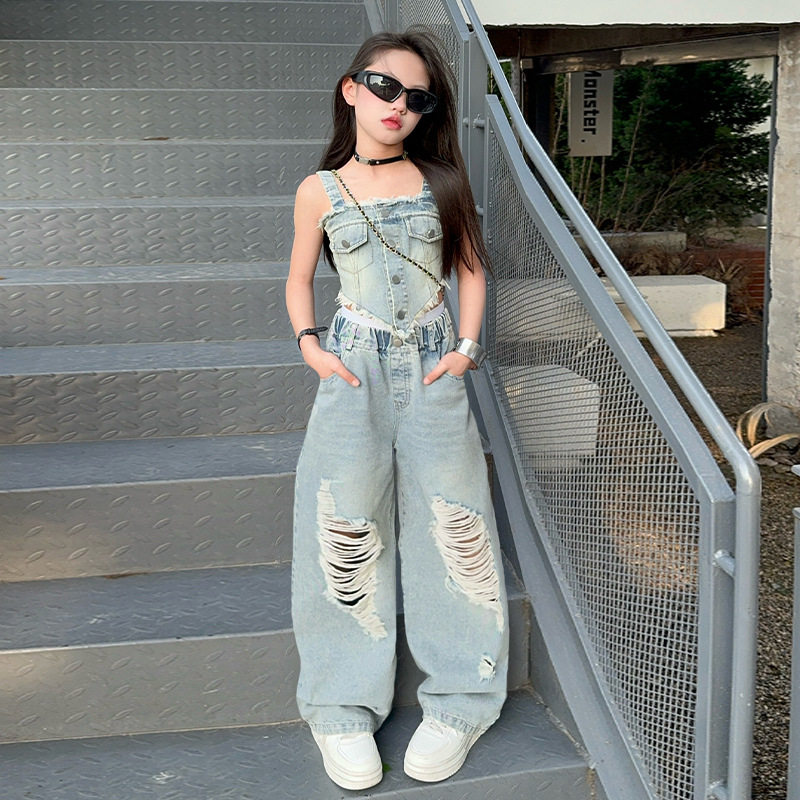 复古怀旧色破洞牛仔裤女童夏辣妹高腰宽松阔腿裤子毛边吊带两件套,童装/婴儿装/亲子装,儿童运动套装,淘宝优惠券,粉丝福利购,淘宝优惠卷