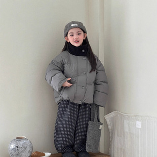 儿童90绒羽绒服女童气质韩系毛线拼接半高领短款保暖面包服森系潮