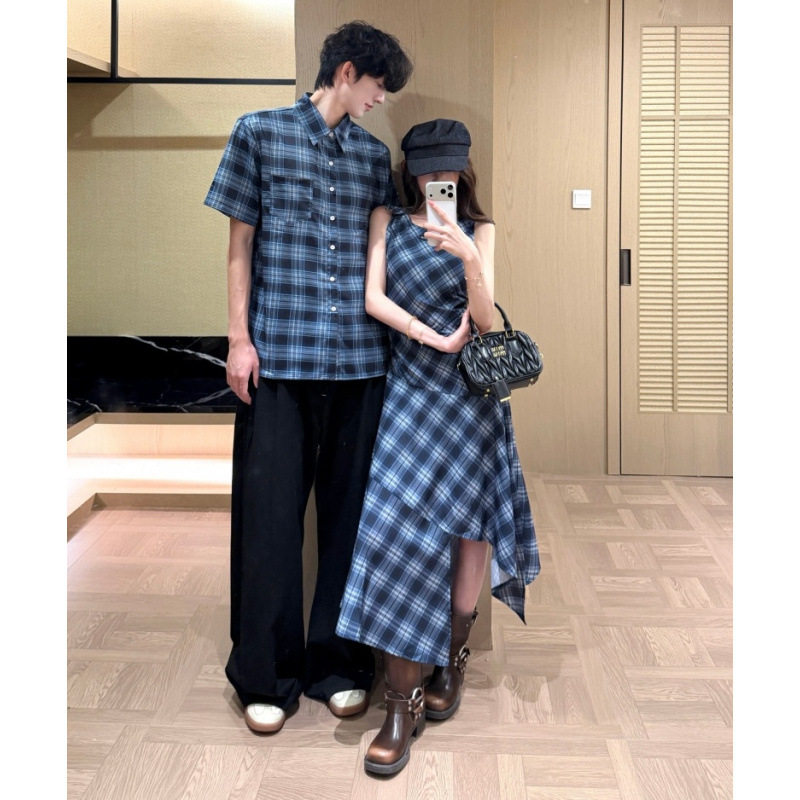 特别的情侣装复古轻薄无袖格纹连衣裙设计感不规则格子长裙女衬衫