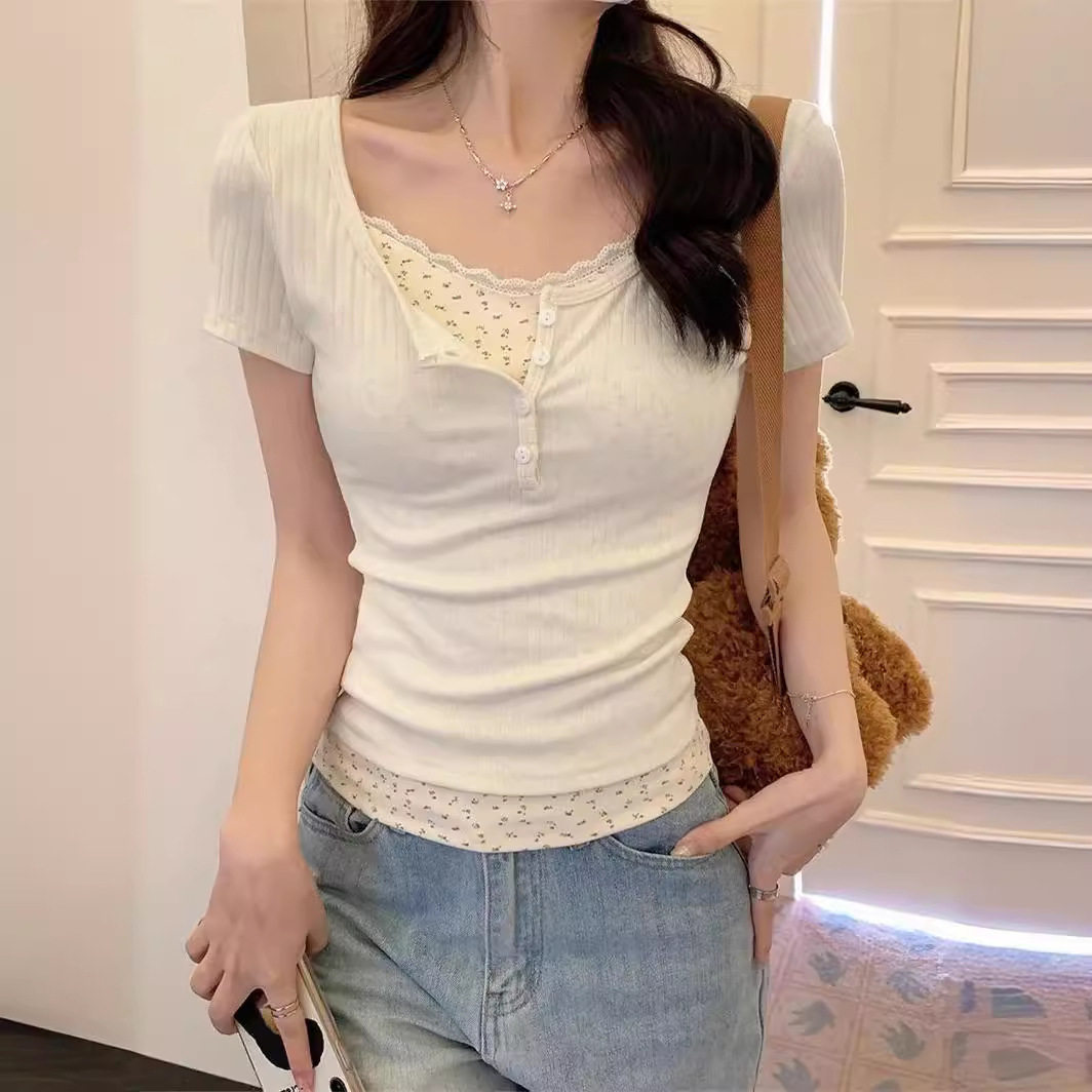 设计感小众别致辣妹碎花短袖T恤女夏季bm蕾丝假两件显瘦u领短上衣