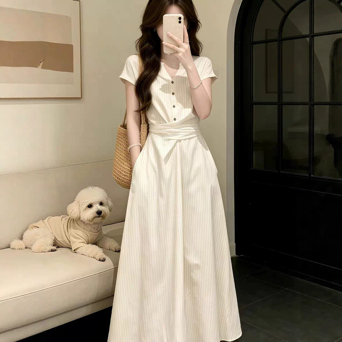 法式V领条纹衬衫连衣裙子女2026夏季新款收腰显瘦气质小个子长裙