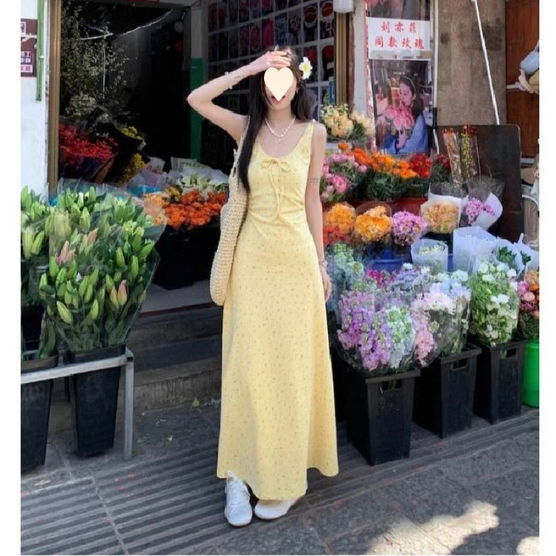 黄色碎花吊带连衣裙女夏季无袖背心裙法式甜美风收腰长裙a字裙子