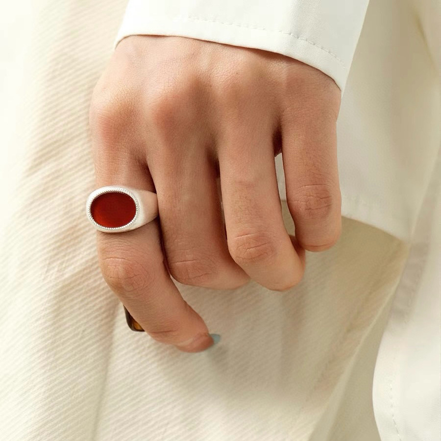 小众设计感通体925纯银不掉色拉丝哑光清冷感高级天然红玛瑙戒指