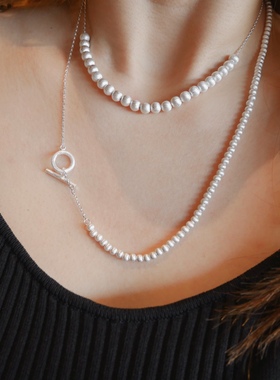 T.W春夏新款通体925纯银高级感精工拉丝工艺圆珠双层毛衣链项链