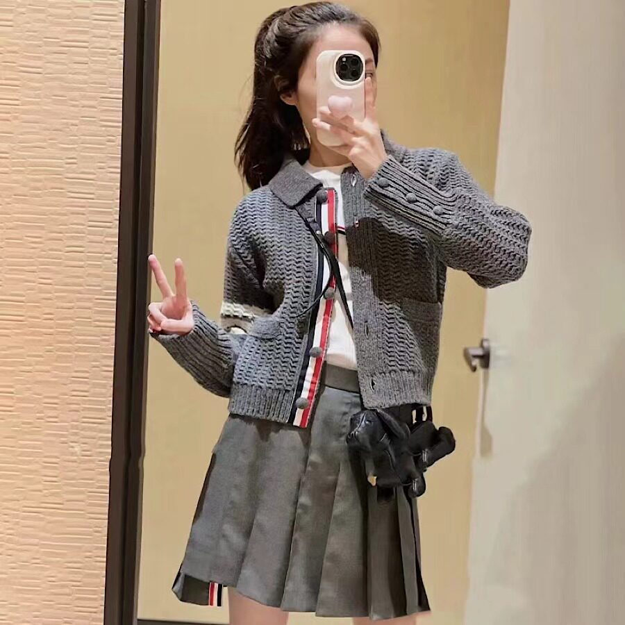 THHB TB粗线开衫羊毛针织POLO翻领外套简约经典四杠纯色休闲毛衣